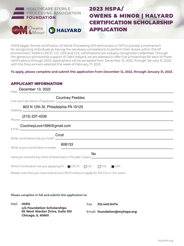 2023 HSPA Certification Scholarship Application | PDF