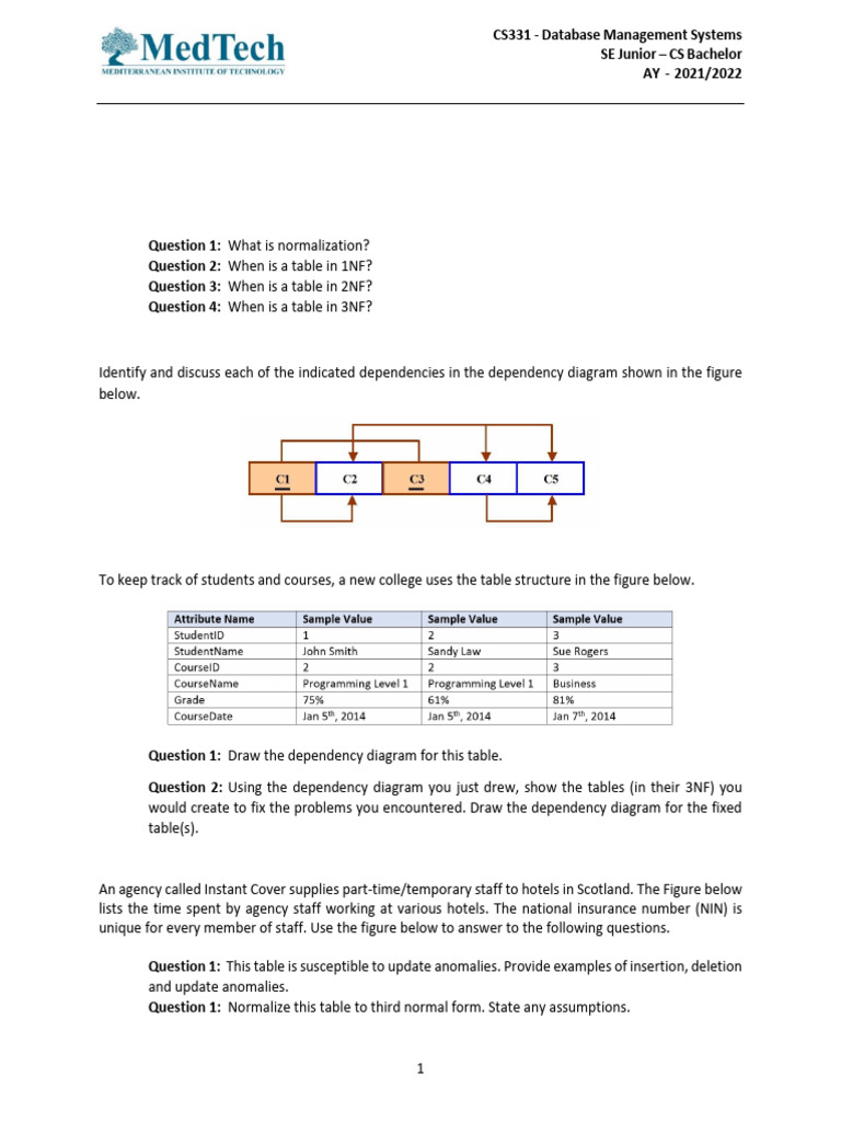 CS331 - Normalization - Exercise Sheet 1 | PDF