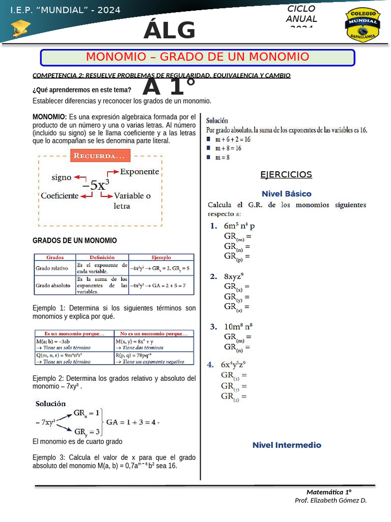 Monomios y sus Grados en Matemáticas 1° | PDF