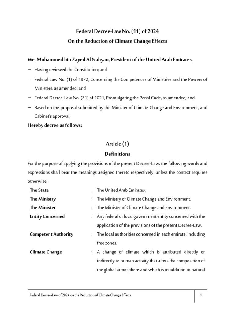 UAE 2024 Climate Change Mitigation Law | PDF | Greenhouse Gas | Climate ...