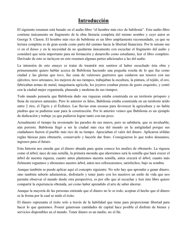 Resumen el hombre más rico de Babilonia Dinero Aprendizaje
