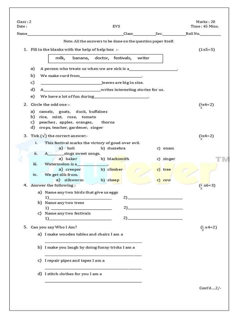 Class 2 EVS Question Paper | PDF