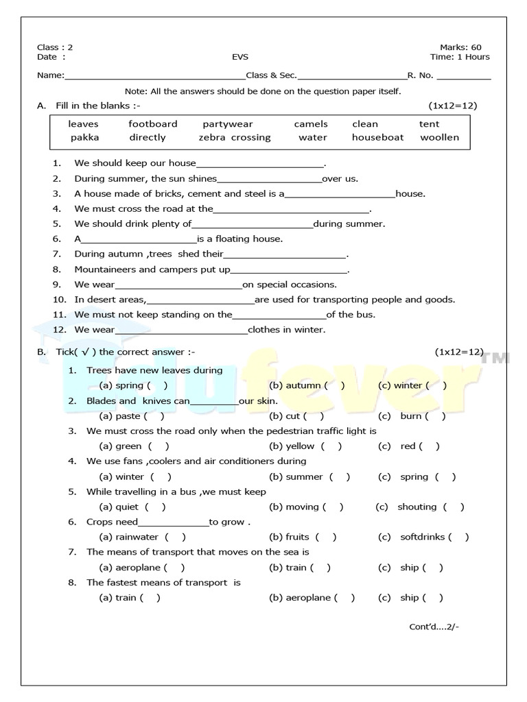Cbse Class 2 Evs Sample Paper Set E 0 Pdf