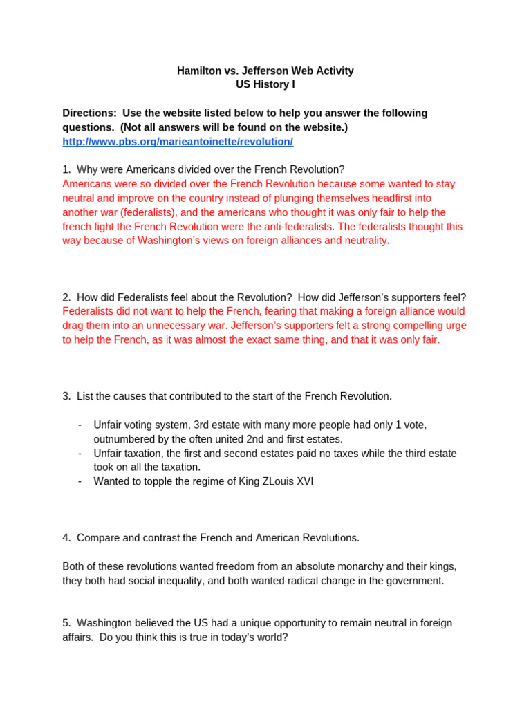 Hamilton Vs Jefferson Web Activity | PDF