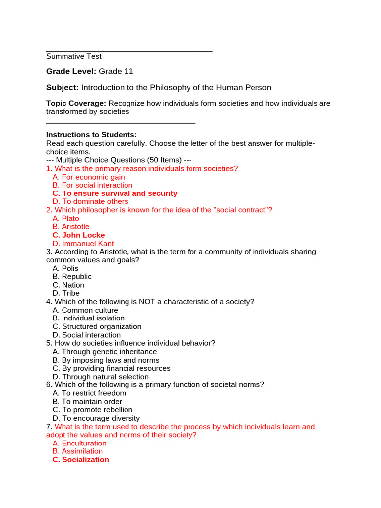 Summative - Test - Introduction To The Philosophy of The Human Person ...