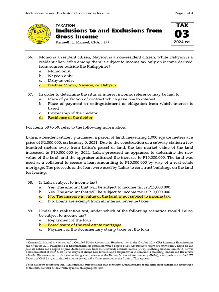 TAX03-Inclusions-to-and-Exclusions-from-Gross-Income-1 | PDF | Taxes ...