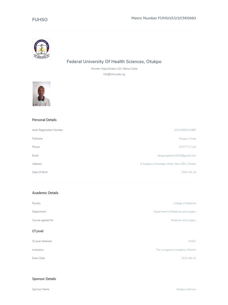 FUHSO Admission Details for 2023 | PDF