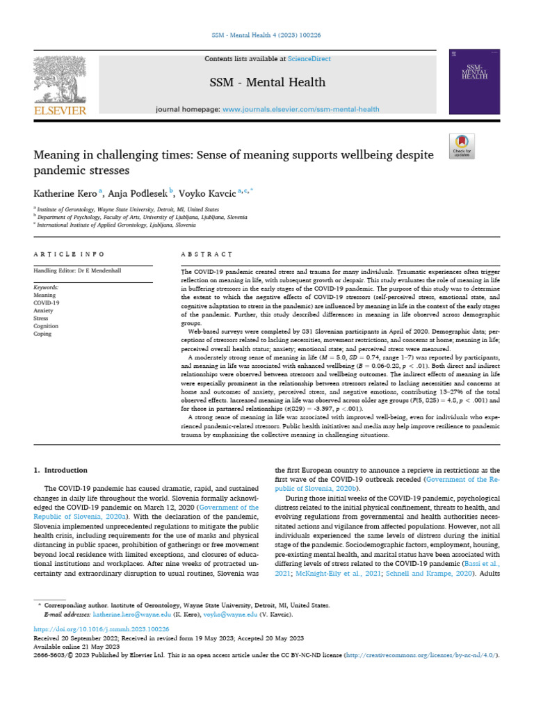 Meaning in Life and Wellbeing During COVID | PDF | Stress (Biology ...