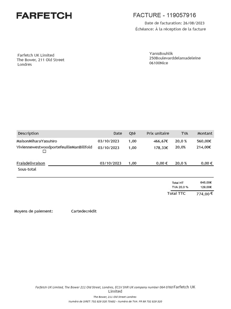 Facture Farfetch - 26/08/2023 | PDF
