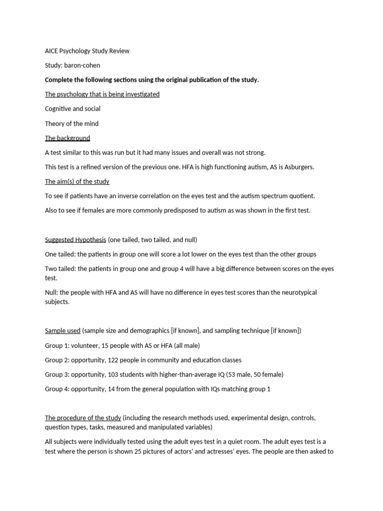 Notes on baron-cohen study | PDF | Psychology | Self Report Study