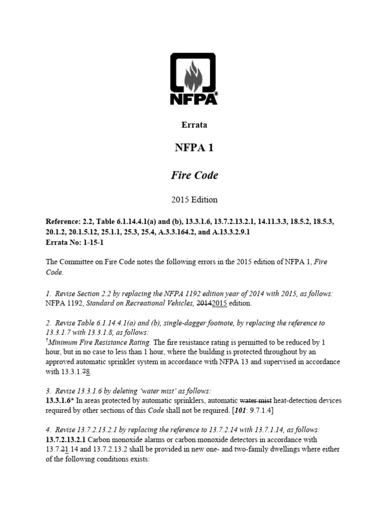 NFPA 1 Fire Code 2015 Errata Summary | PDF | Fire Sprinkler System ...