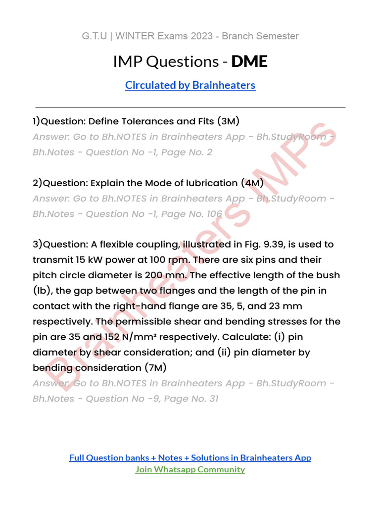 DME Winter Exam IMP Questions 2023 | PDF | Continuum Mechanics ...