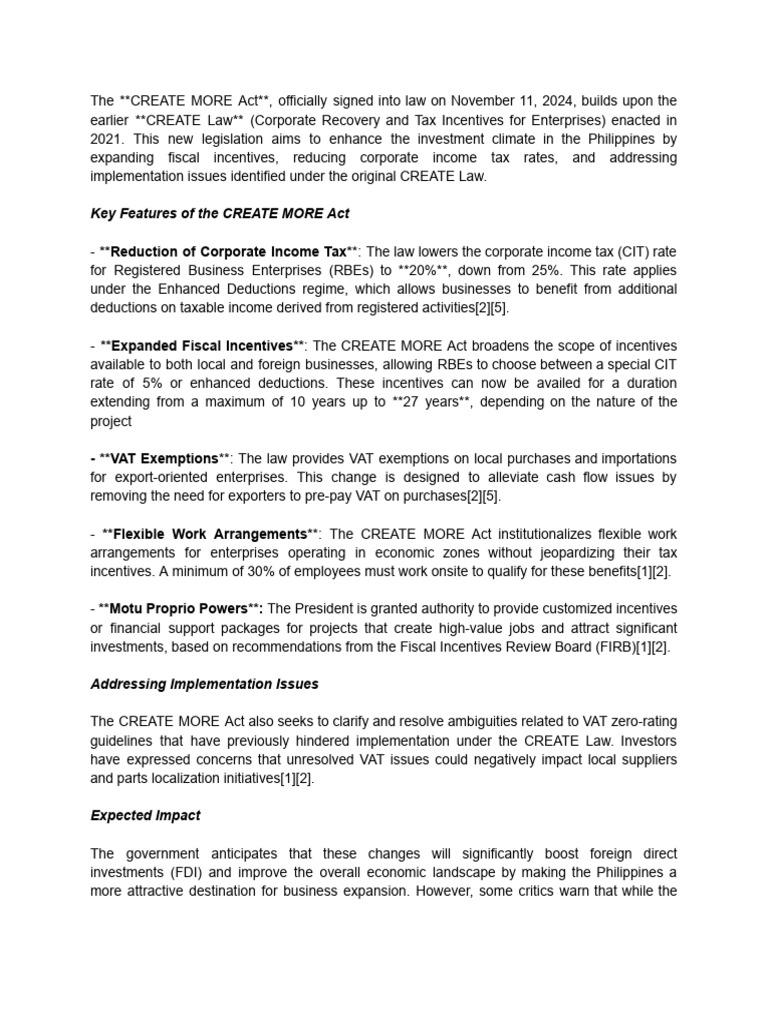 CREATE MORE Act: Tax Incentives Overview | PDF | Taxes | Value Added Tax