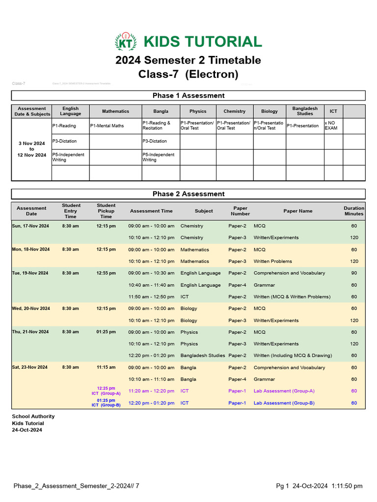 Class-7 - 2024 SEMESTER-2 Assessment Timetable | PDF | Educational ...