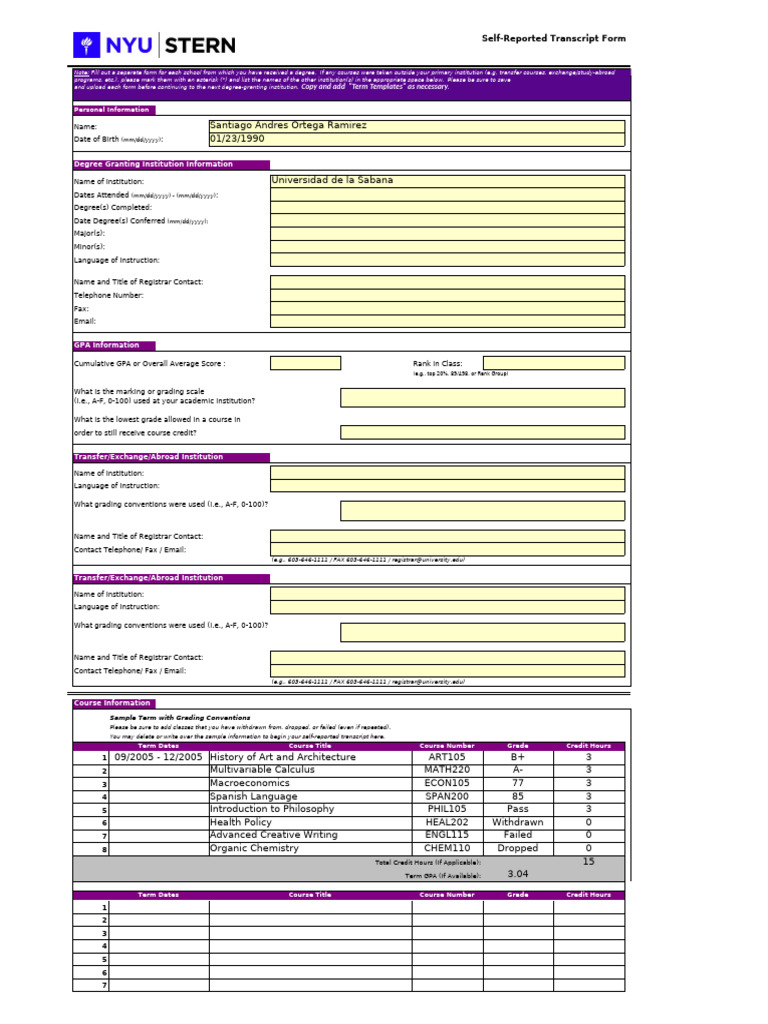 Self-Reported Transcript Submission Form | PDF | Course Credit