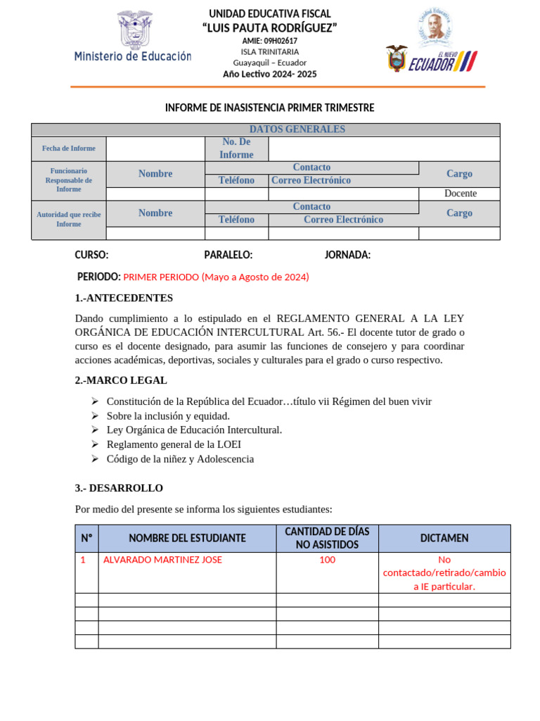 Informe de Inasistencia Primer Trimestre 2024 | PDF | Ecuador | Gobierno