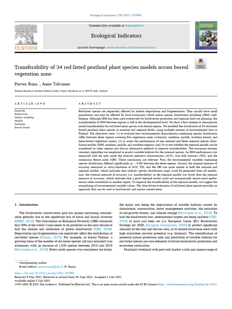 Transferability of Peatland Species Models | PDF | Sensitivity And ...