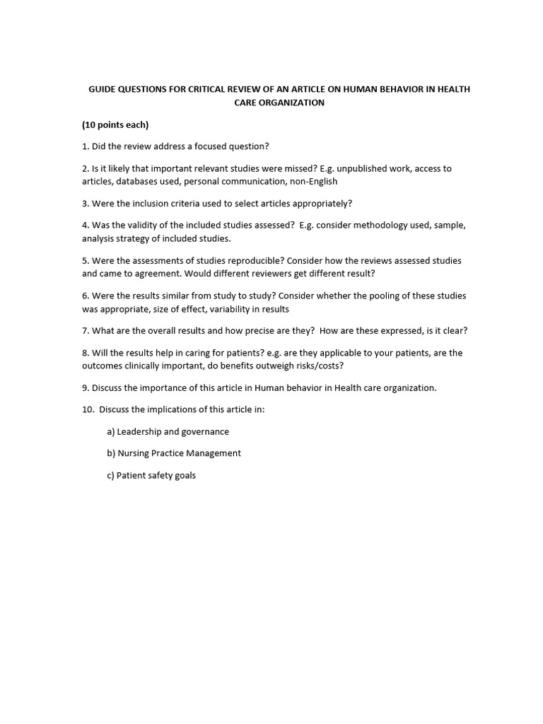 GUIDE QUESTIONS FOR ARTICLE REVIEW 1 On Human Behavior in Health Care ...