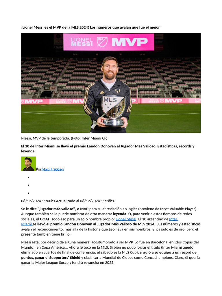 Lionel Messi Es El MVP de La MLS 2024 | PDF
