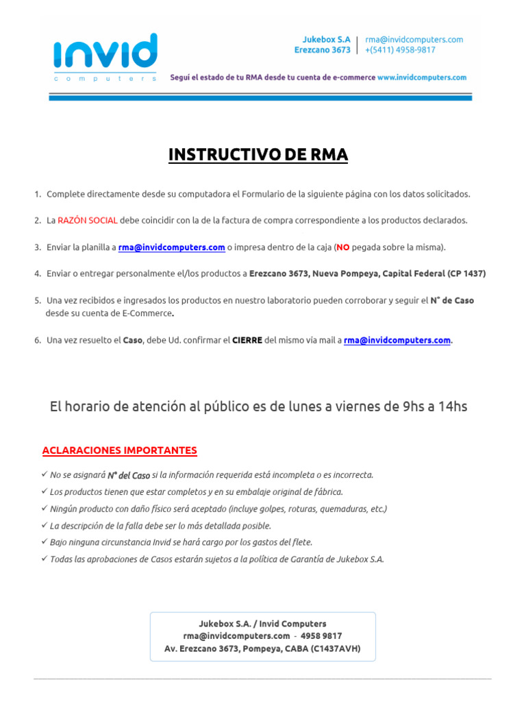 Instrucciones de RMA para Clientes | PDF