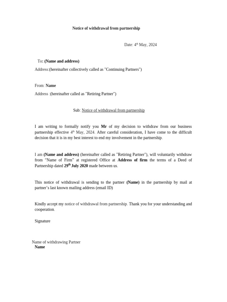 Notice of Partnership Withdrawal | PDF