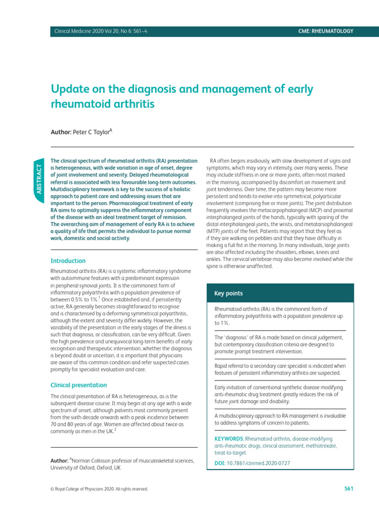Early Rheumatoid Arthritis Management Guide | PDF | Rheumatoid ...