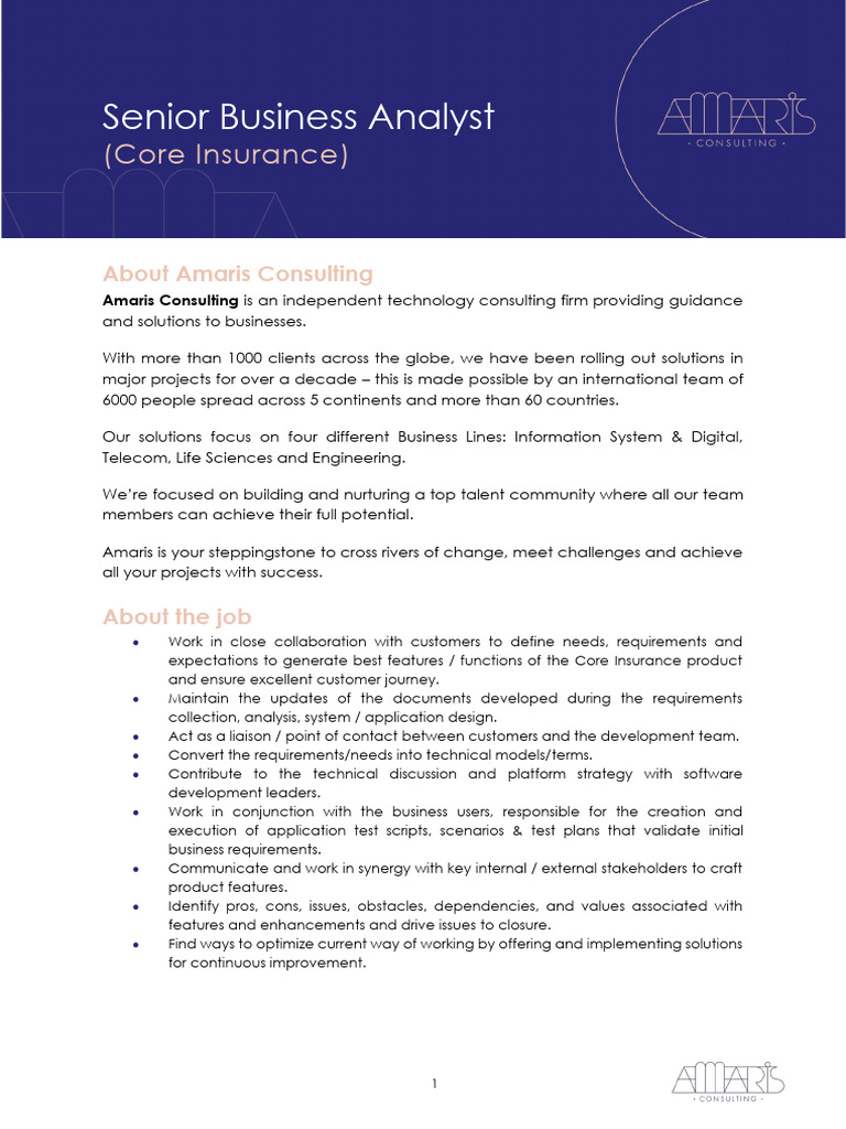Senior Business Analyst - Core Insurance Role | PDF | Software ...