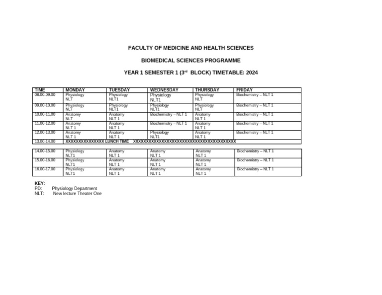 Year 1 Biomedical Sciences Timetable 2024 | PDF