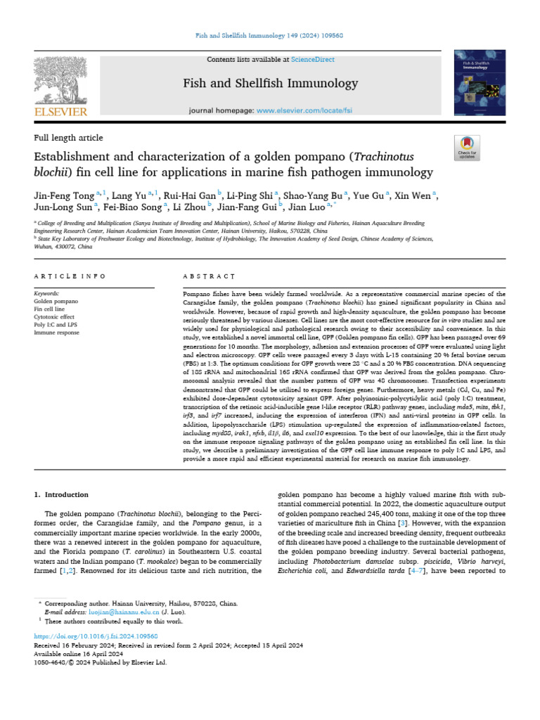 Establishment and Characterization of A Golden Pompano (Trachinotus ...
