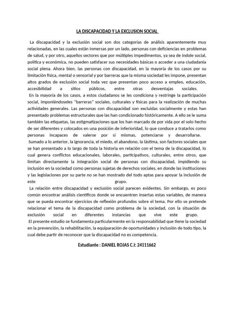 Ensayo Daniel Rojas | PDF | Invalidez | Exclusión social