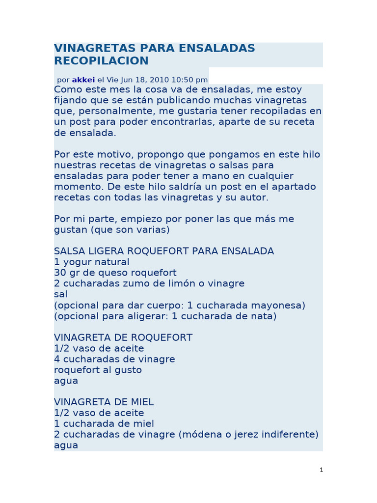 VINAGRETAS PARA ENSALADAS RECOPILACION | PDF | Vinagreta | ensalada