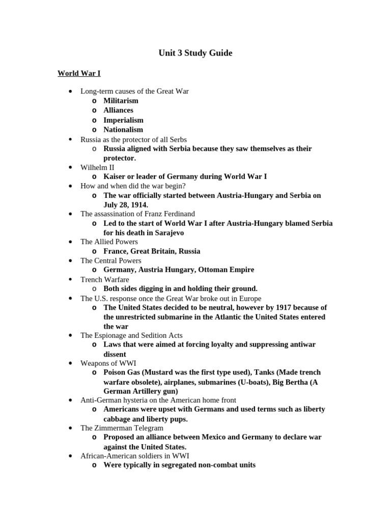 Unit 3A Study Guide Answer Guide | PDF | World War I | German Empire