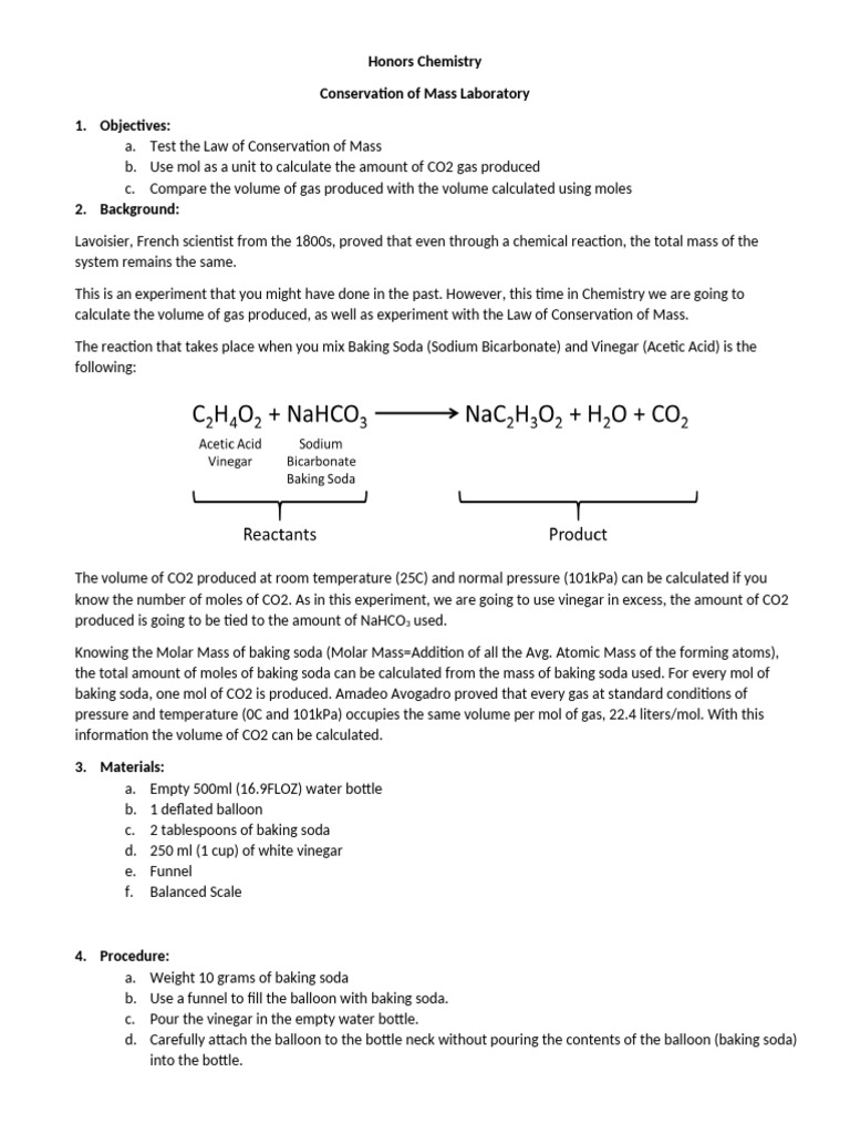 Conservation of Mass Lab Guide | PDF | Mole (Unit) | Sodium Bicarbonate