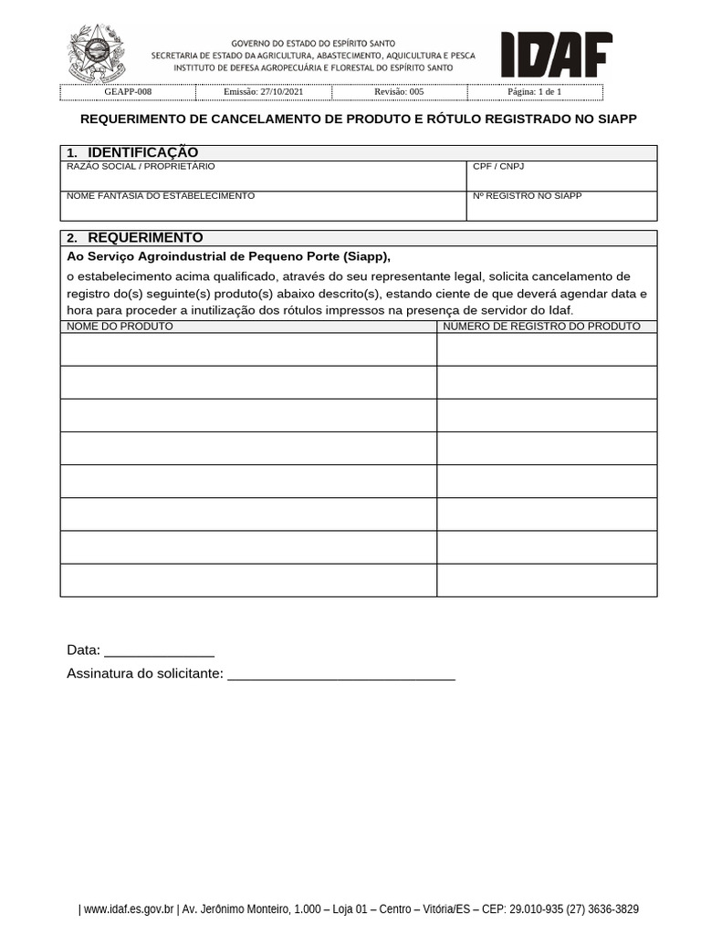 Mod. 008 B Requerimento para Cancelamento de Registro de Produto e ...