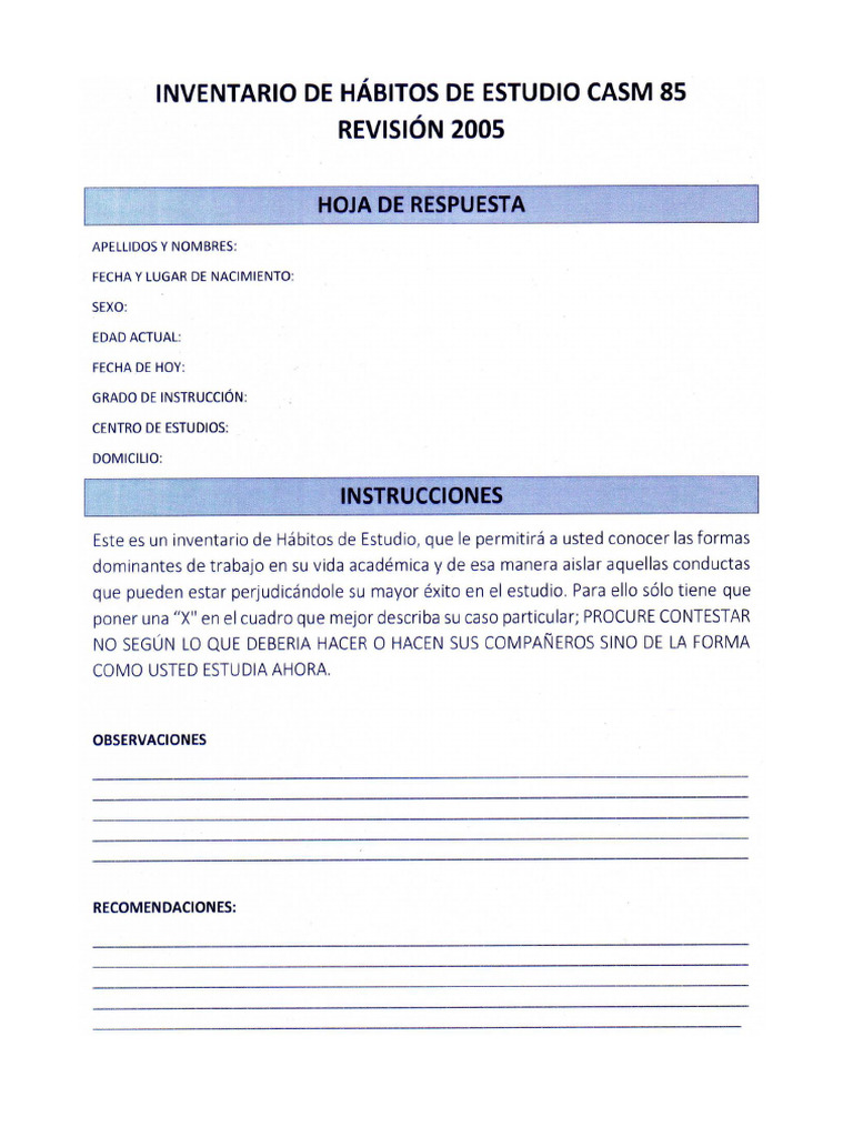 Cuestionario - Casm 85 | PDF