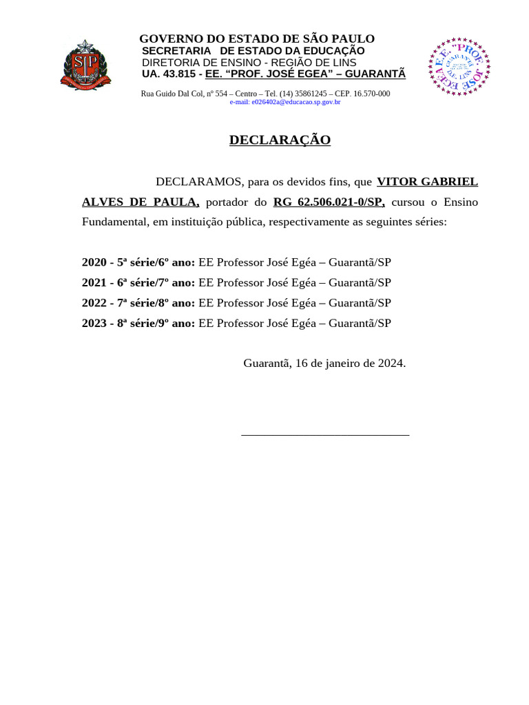 Declara o De Conclus o Do Ensino Fundamental PDF