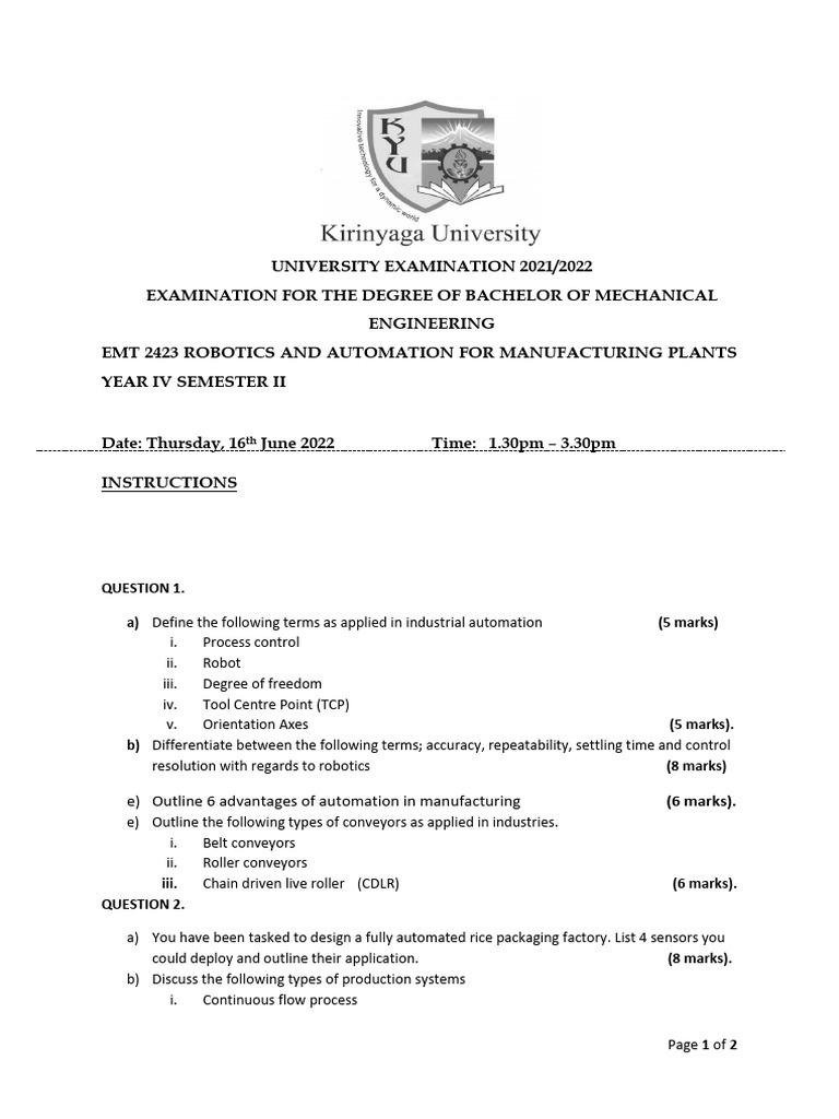 Robotics and Automation Exam 2022 | PDF | Automation | Programmable ...