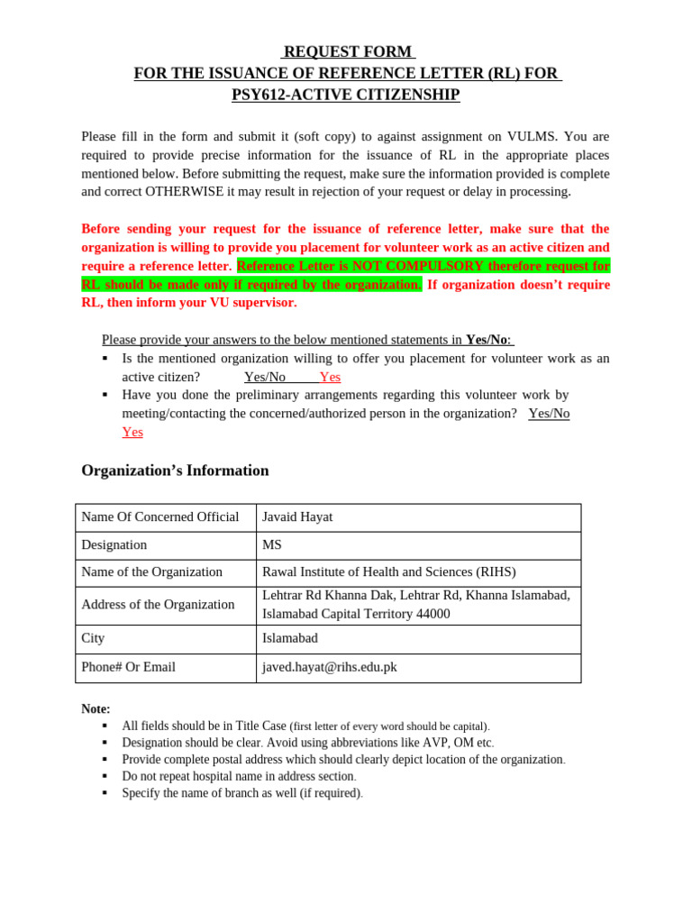 Reference Letter Request Form | PDF