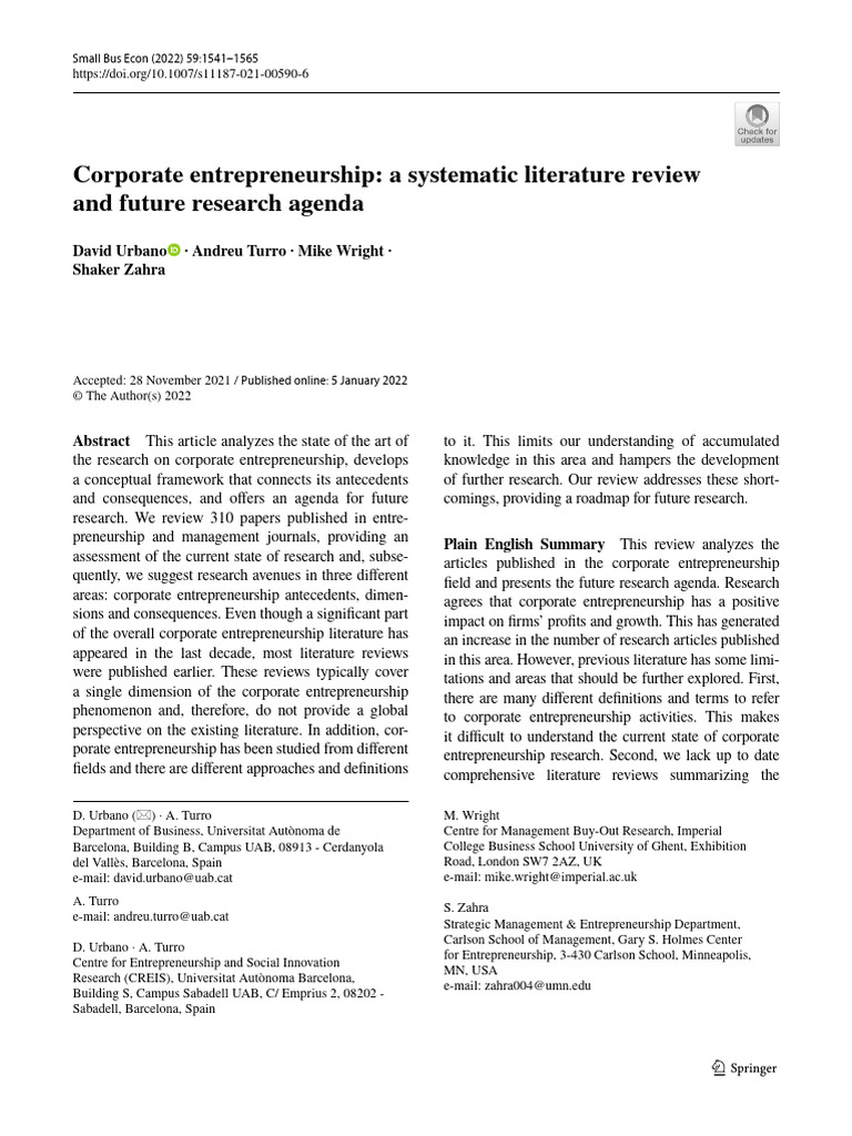 Corporate entrepreneurship a systematic literature review and future ...