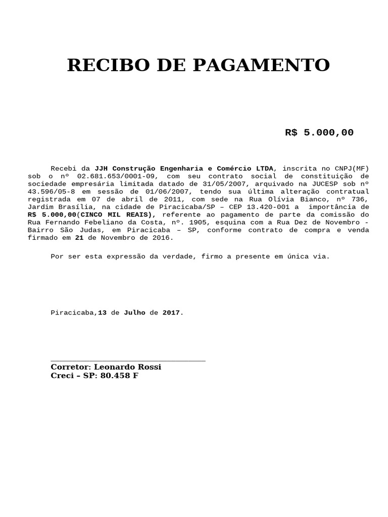 Recibo de Pagamento de Comissão SP | PDF