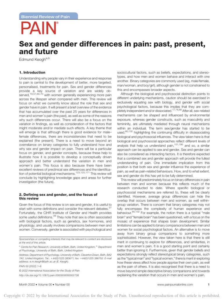 Sex and Gender Differences in Pain Past, Present,.176 | PDF | Gender ...