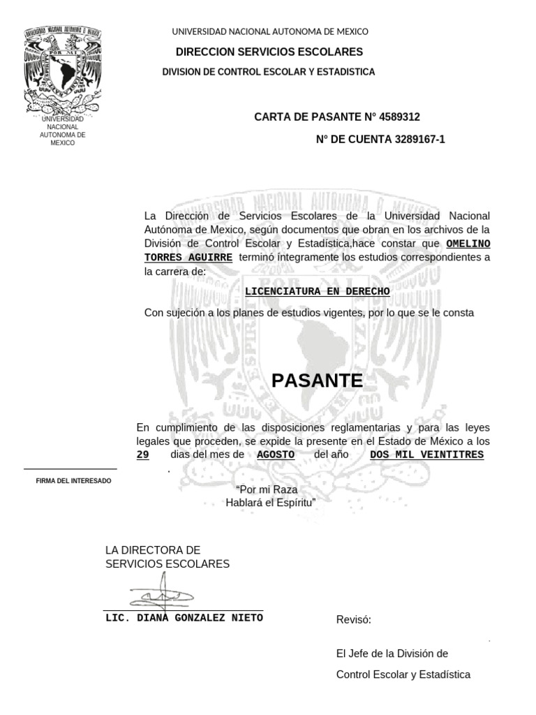 Carta Pasante Licenciatura Derecho UNAM | PDF
