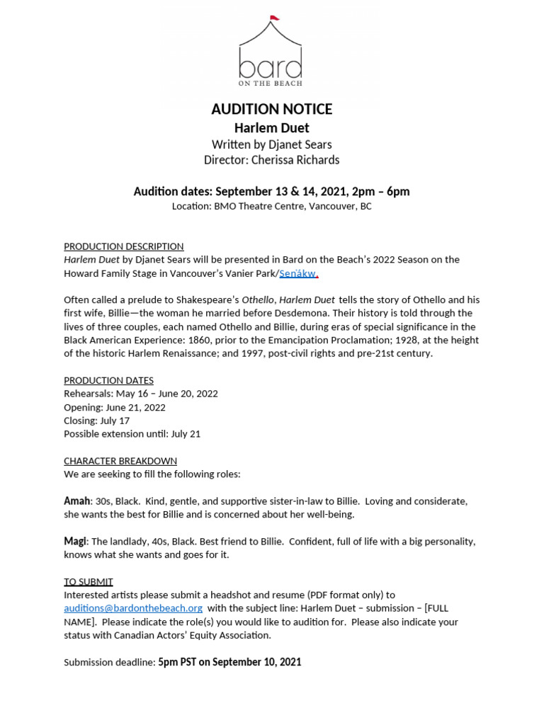 Audition Notice Harlem Duet 2 | PDF | Discrimination | Justice