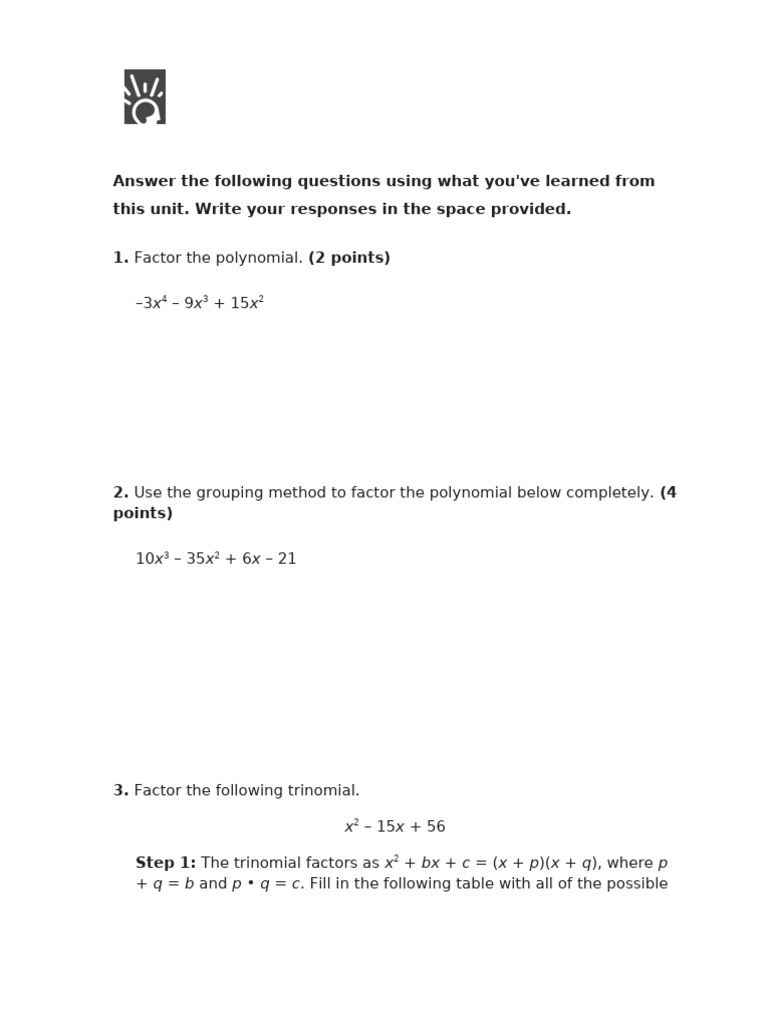 Factoring Polynomials Test Questions | PDF | Factorization | Polynomial