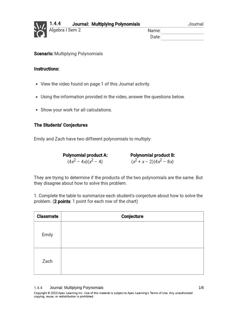 1.4.4 Journal - Multiplying Polynomials (Journal) | PDF | Polynomial ...