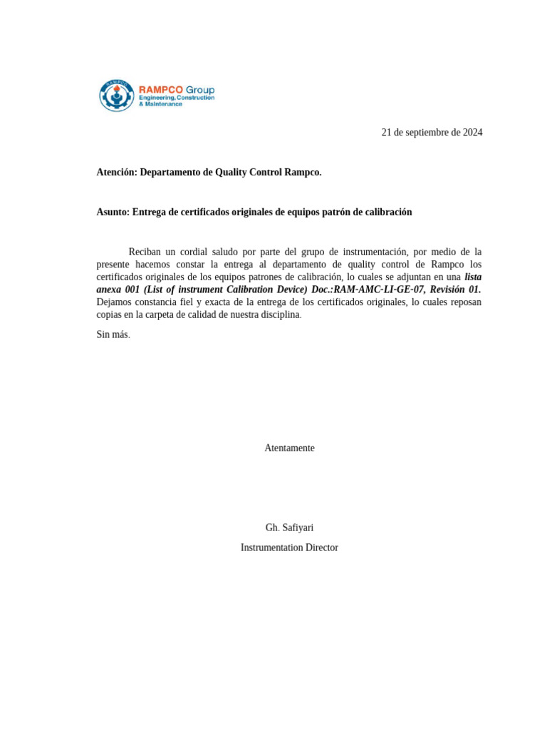 Entrega de Certificados de Calibración | PDF