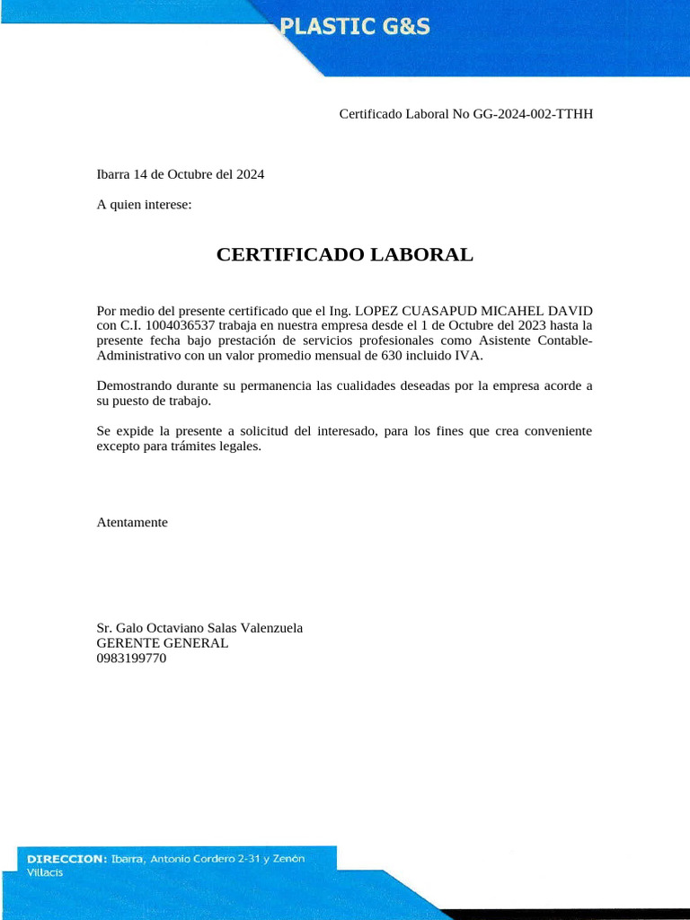 Certificado Laboral Asistente Administrativo | PDF