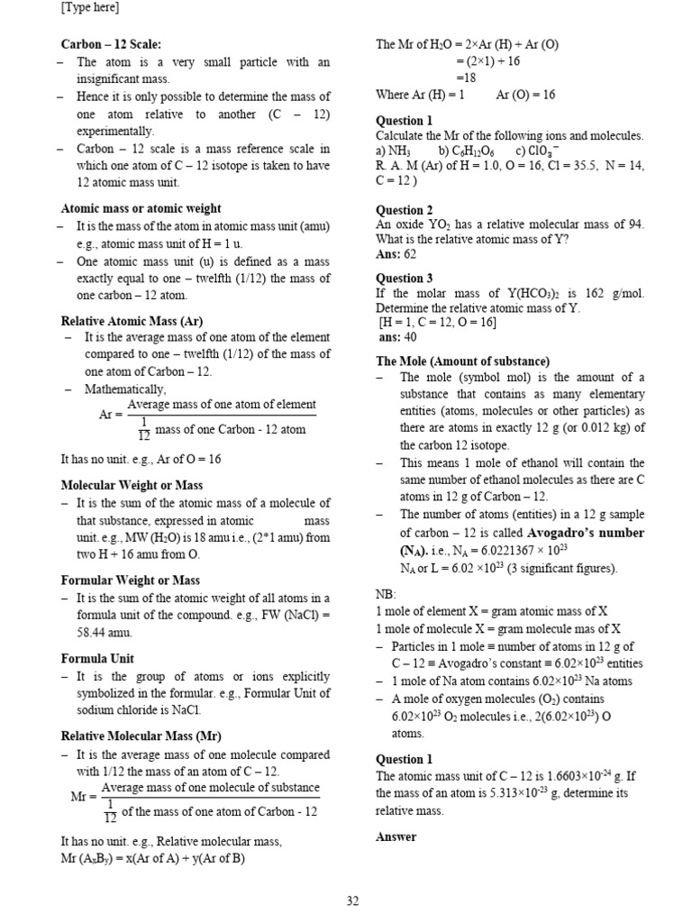 Carbon-12 Scale and Molecular Mass Calculations | PDF | Mole (Unit ...