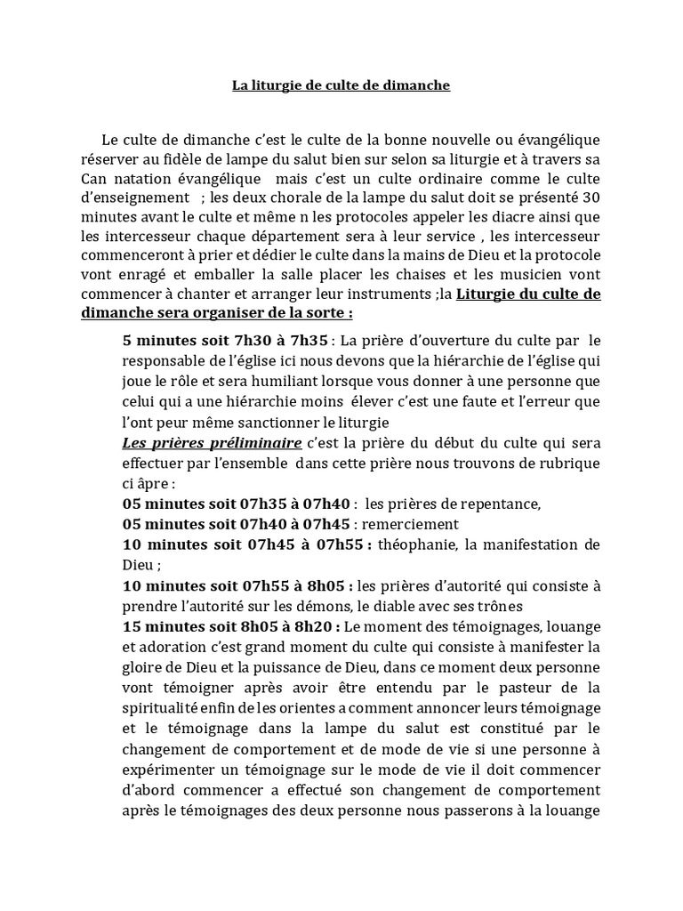 Liturgie du culte de dimanche expliquée | PDF | Liturgie | Prière