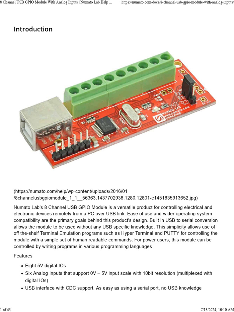 Numato 8-Channel USB GPIO Module Guide | PDF | Analog To Digital ...